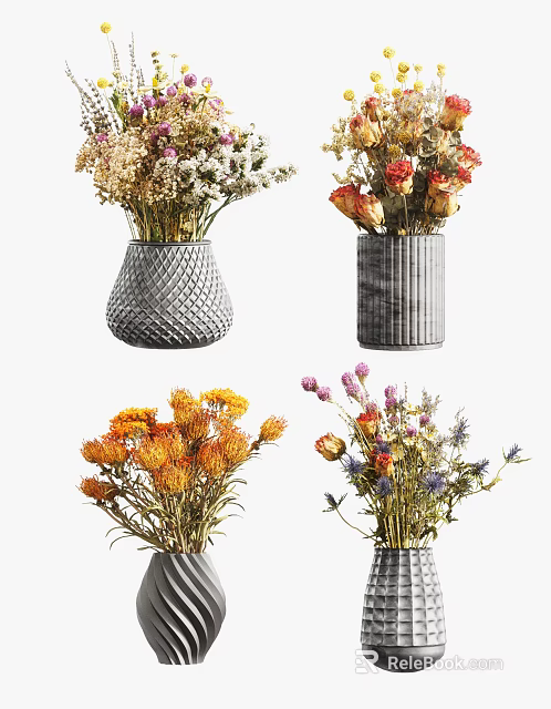 Textured Vases With Mixed Fresh And Dried Flowers For Home Decoration 3d model 