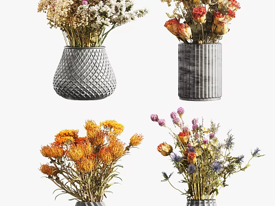 Textured Vases With Mixed Fresh And Dried Flowers For Home Decoration 3d model