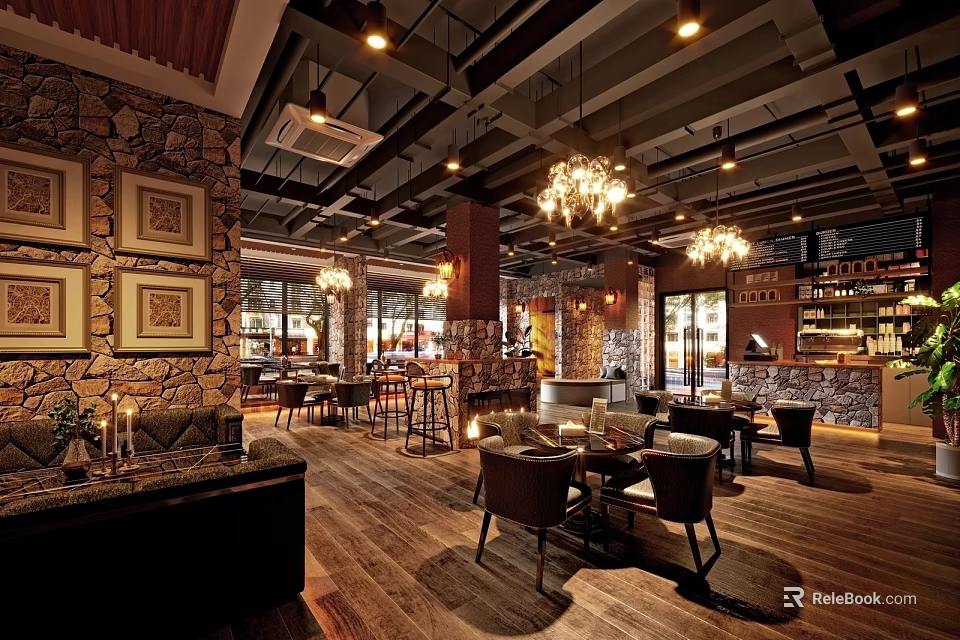 Cozy Café Interior With Stone Wall Wooden Ceiling Chandeliers Comfortable Seating And Framed 3d model 