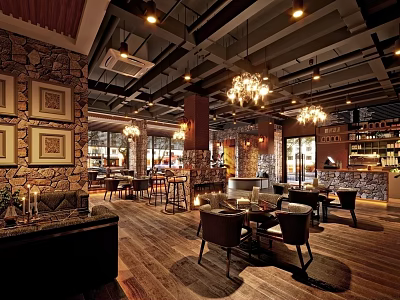 Cozy Café Interior With Stone Wall Wooden Ceiling Chandeliers Comfortable Seating And Framed 3d model