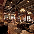 Cozy Café Interior With Stone Wall Wooden Ceiling Chandeliers Comfortable Seating And Framed