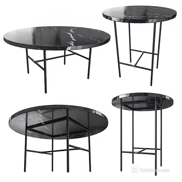 Sleek Modern Round Black Marble Coffee Table With Geometric Metal Frame 3d model