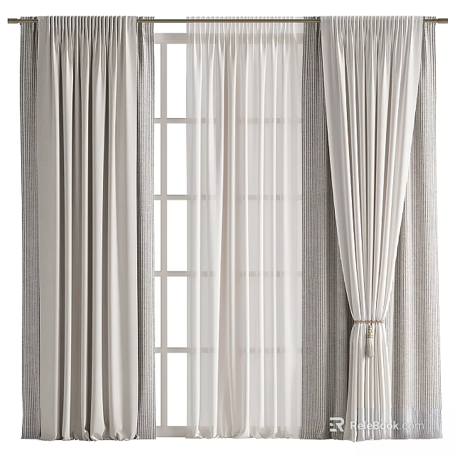 Light Beige Curtains With Sheer Layers And Tiebacks For Window Decoration 3d model 