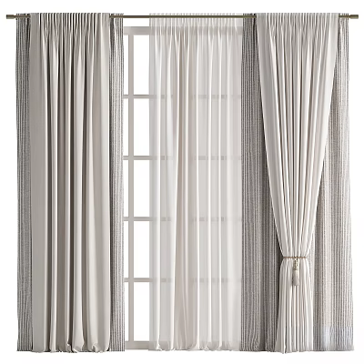 Light Beige Curtains With Sheer Layers And Tiebacks For Window Decoration 3d model