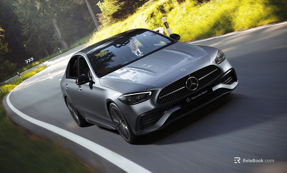 Silver Mercedes Benz Sedan Driving On Road With Green Landscape 3d model 