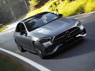 Silver Mercedes Benz Sedan Driving On Road With Green Landscape 3d model