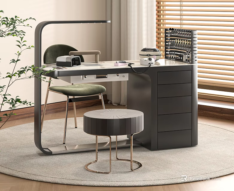 Modern Home Office Desk And Chair Set With Storage Drawers Stool And Table Lamp 3d model 