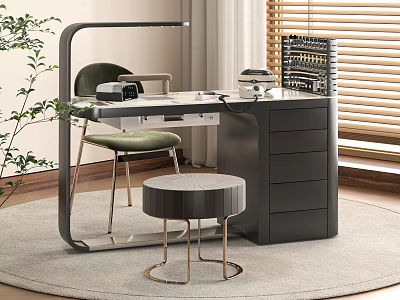 Modern Home Office Desk And Chair Set With Storage Drawers Stool And Table Lamp 3d model