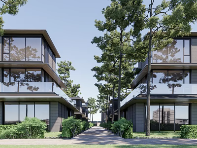 Modern Townhouse Exterior With Large Windows Balconies Central Pathway And Lush Greenery Trees 3d model