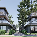 Modern Townhouse Exterior With Large Windows Balconies Central Pathway And Lush Greenery Trees