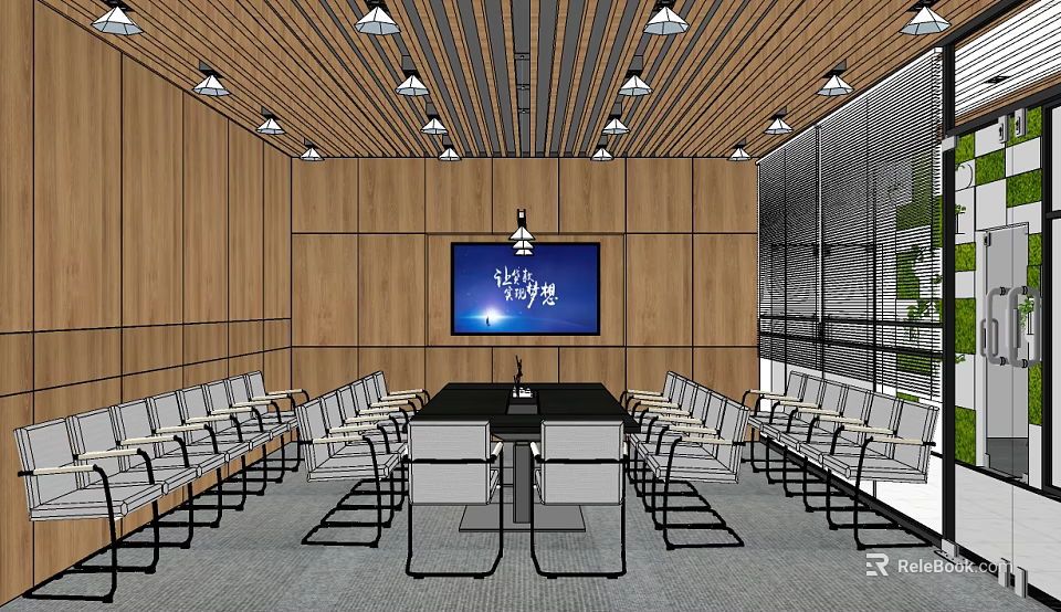 Modern Conference Room Interior With Wooden Walls Ceiling Pendant Lights Long Table And Chairs 3d model 