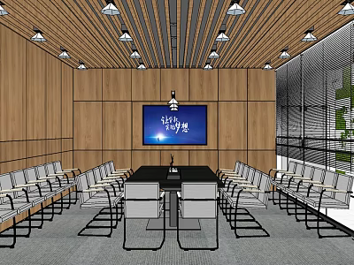 Modern Conference Room Interior With Wooden Walls Ceiling Pendant Lights Long Table And Chairs 3d model