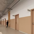 Elevator Hallway Interior With Multiple Doors Signs Light Colored Walls And Floor Tiles