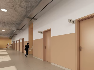 Elevator Hallway Interior With Multiple Doors Signs Light Colored Walls And Floor Tiles 3d model