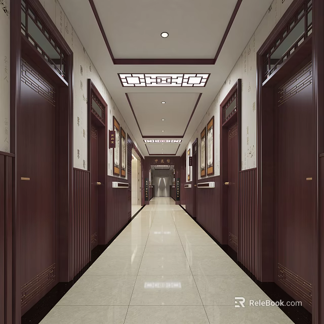 Chinese Style Corridor With Wooden Doors Carved Ceiling And Decorative Paintings 3d model 