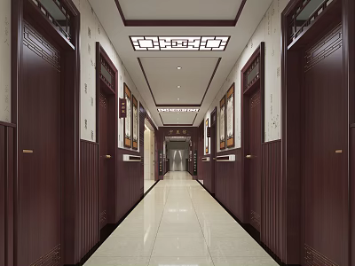 Chinese Style Corridor With Wooden Doors Carved Ceiling And Decorative Paintings 3d model