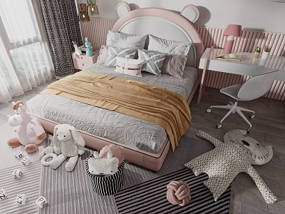 Kids Bed with Pink Headboard Cartoon Ears Gray Bedding Yellow Blanket Stuffed Toys Desk Chair 3d model