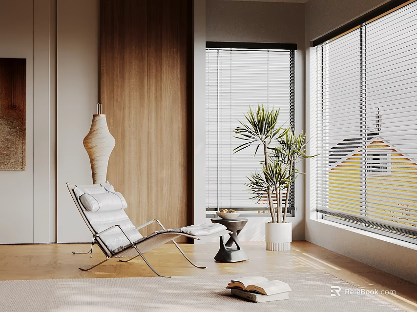 Modern Leisure Chair In Bright Indoor Space With Natural Light Green Plant And Window Blinds 3d model 
