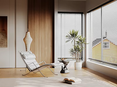 Modern Leisure Chair In Bright Indoor Space With Natural Light Green Plant And Window Blinds 3d model