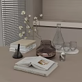 Minimalist Decorative Ornament Set with Vase White Flower Branches Glass Decanter and Wine Glasses