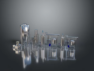 Stainless Steel Industrial Equipment With Conical Tanks Pipes And Valves 3d model