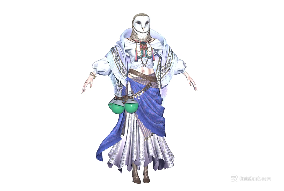 Mystical Robed Figure With Owl Like Head And Blue White Robe Green Pouches 3d model 