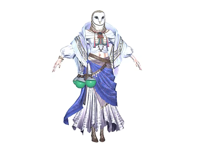 Mystical Robed Figure With Owl Like Head And Blue White Robe Green Pouches 3d model