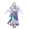 Mystical Robed Figure With Owl Like Head And Blue White Robe Green Pouches