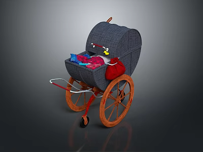 Vintage Baby Stroller With Gray Canopy Red Wheels And Colorful Toys Inside 3d model