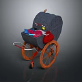 Vintage Baby Stroller With Gray Canopy Red Wheels And Colorful Toys Inside