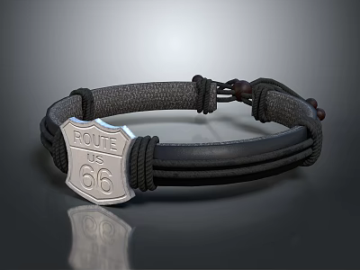 Route 66 Inspired Leather Bracelet With Braided Rope Silver Metal Plate Knots And Beaded Accents 3d model
