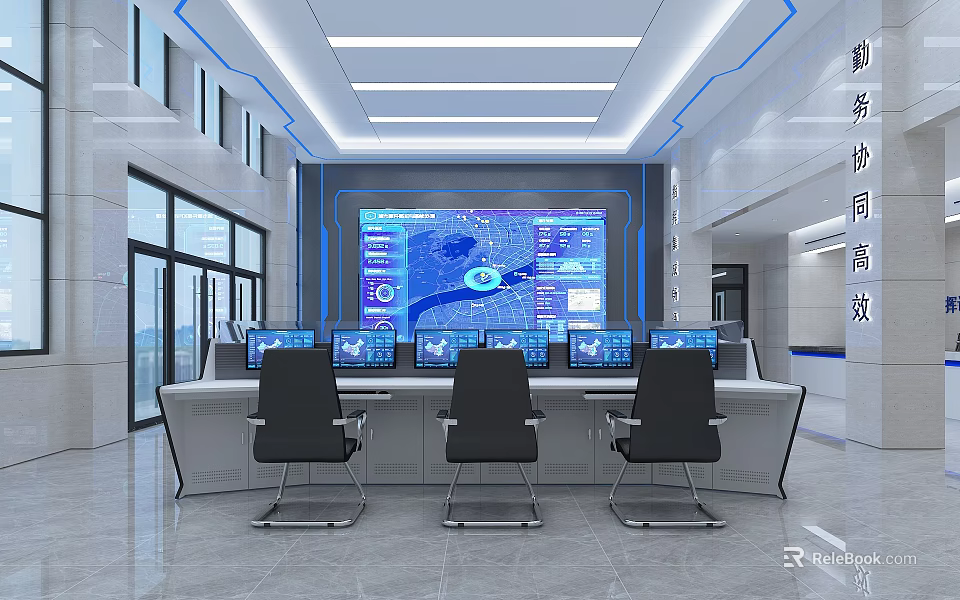 Modern Control Room Interior Design With Large Screen Multiple Monitors And Chairs 3d model 