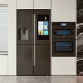 Modern Double Door Refrigerator With Digital Display In Kitchen With Oven And White Cabinets