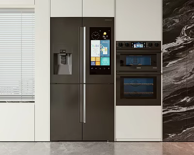 Modern Double Door Refrigerator With Digital Display In Kitchen With Oven And White Cabinets 3d model