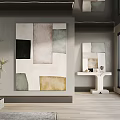 Abstract Painting With Neutral Tones In Modern Interior Featuring Potted Plant And Large Window