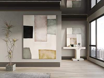 Abstract Painting With Neutral Tones In Modern Interior Featuring Potted Plant And Large Window 3d model