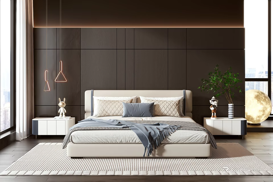 Modern Bedroom Interior Design With Beige Bed Side Tables Pendant Lights And Green Plant 3d model 
