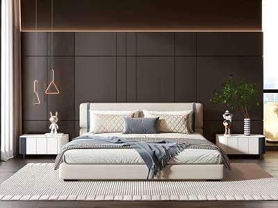 Modern Bedroom Interior Design With Beige Bed Side Tables Pendant Lights And Green Plant 3d model