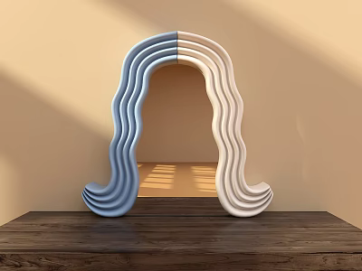 Modern Sculptural Wavy Two Tone Blue And White Mirror On Wooden Surface With Light Shadows 3d model
