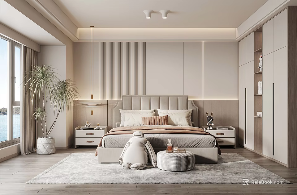 Modern Bedroom Interior With Large Upholstered Headboard Nightstands Table Lamps Area Rug And Window Plant 3d model 
