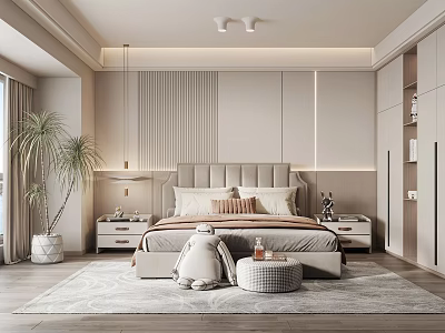 Modern Bedroom Interior With Large Upholstered Headboard Nightstands Table Lamps Area Rug And Window Plant 3d model