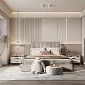 Modern Bedroom Interior With Large Upholstered Headboard Nightstands Table Lamps Area Rug And Window Plant
