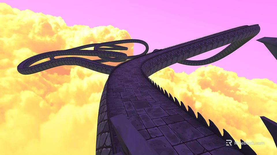 Game Movie Character Walking On Curved Black Stone Path With Spikes And Yellow Pink Clouds 3d model 