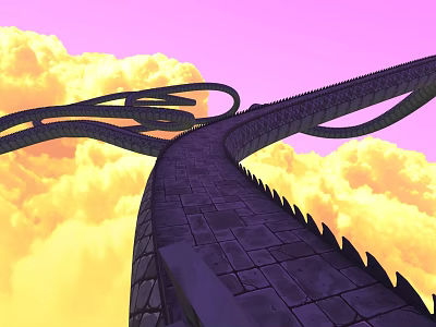 Game Movie Character Walking On Curved Black Stone Path With Spikes And Yellow Pink Clouds 3d model