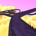 Game Movie Character Walking On Curved Black Stone Path With Spikes And Yellow Pink Clouds