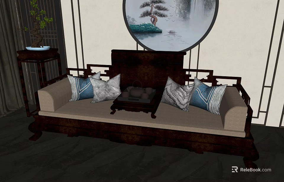 Chinese Traditional Luohan Bed With Decorative Pillows Round Painting And Potted Plant 3d model 