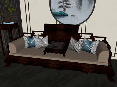Chinese Traditional Luohan Bed With Decorative Pillows Round Painting And Potted Plant 3d model