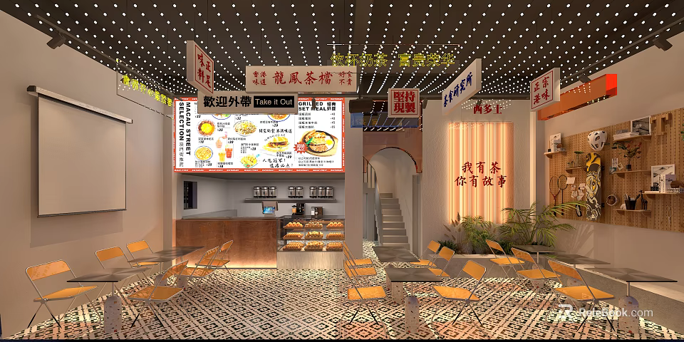 Traditional Chinese Restaurant Interior With Neon Signs Open Counter Orange Chairs And Geometric Floor Tiles 3d model 