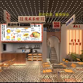 Traditional Chinese Restaurant Interior With Neon Signs Open Counter Orange Chairs And Geometric Floor Tiles