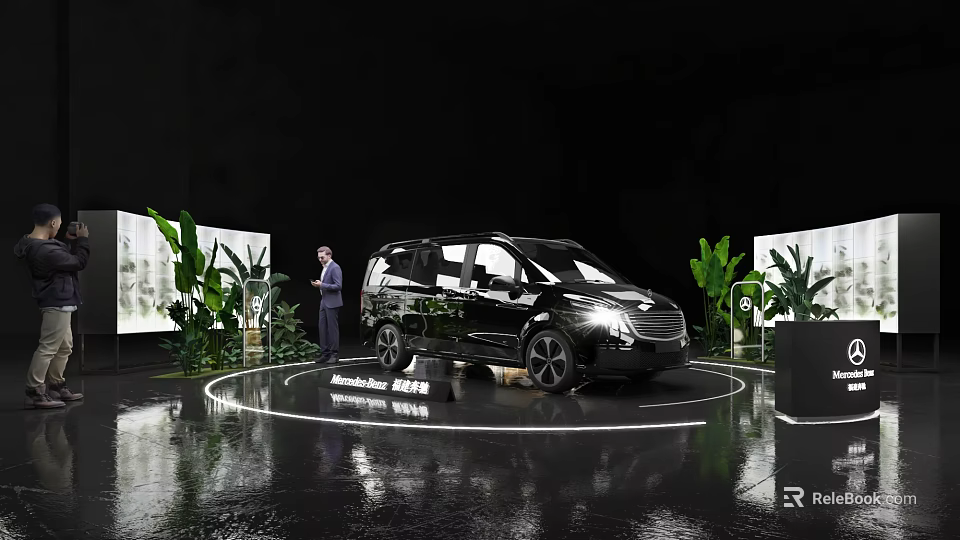 Black MPV Car Showcase On Circular Platform With Green Plants And Screens 3d model 